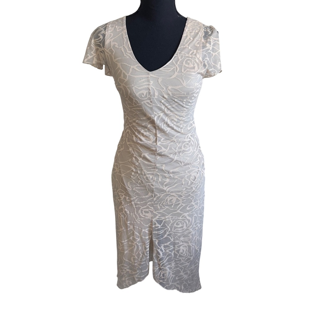 Vintage Windsor Beige Floral Asymmetrical Y2K Midi Dress Short Sleeve Small